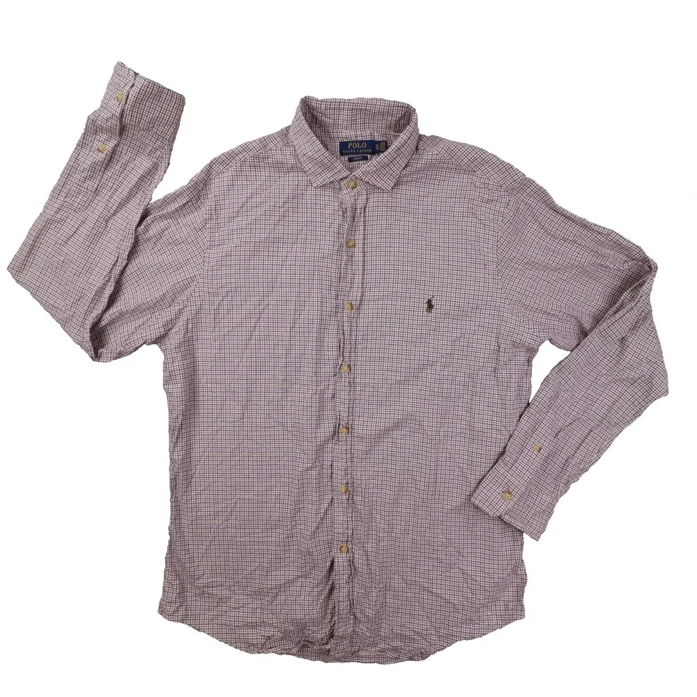 Polo Ralph Lauren Ivory Blue Brown Plaid Slim Fit Long Sleeve Button Up Shirt XL